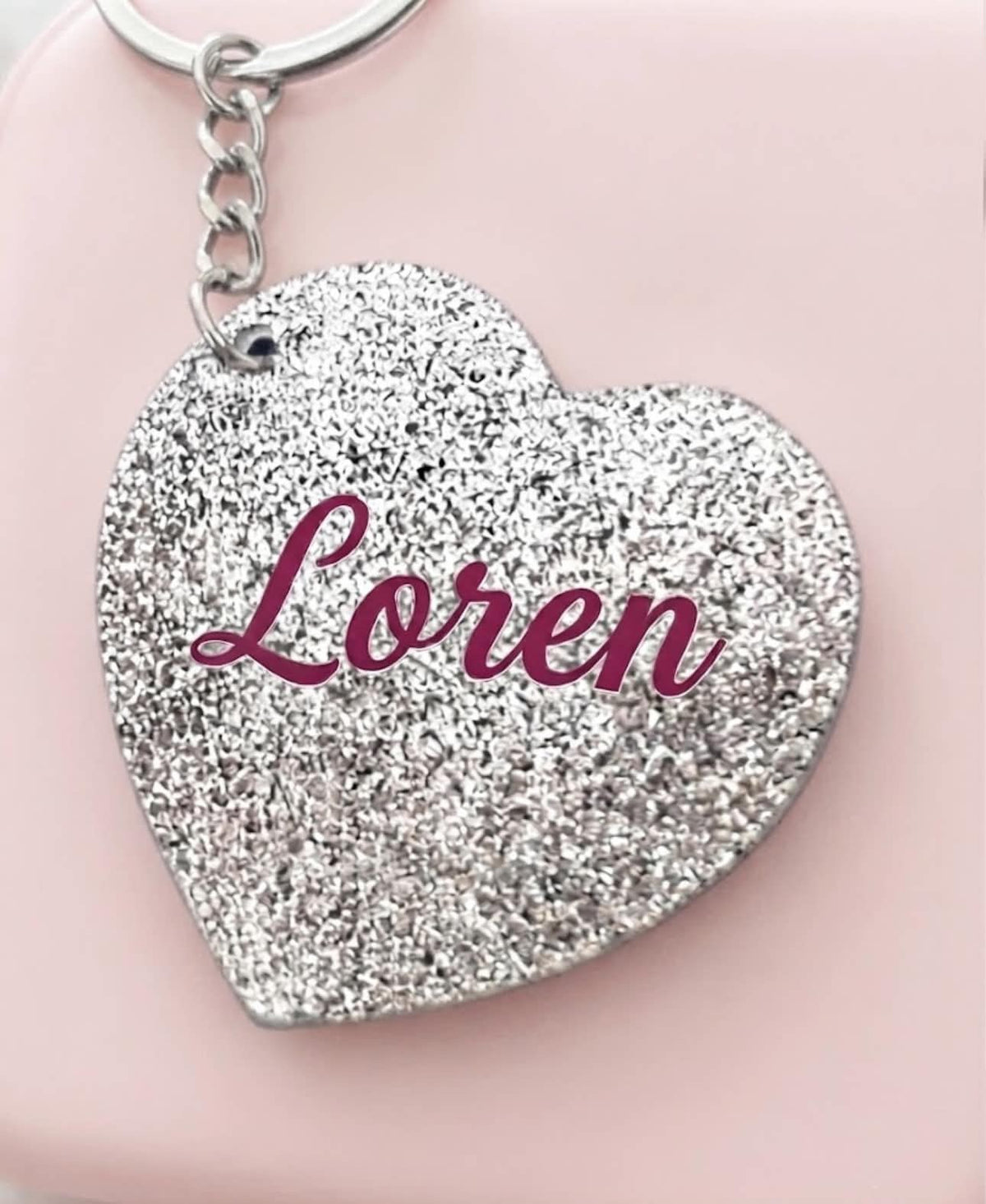 Personalised Acrylic Silver glitter heart keyring