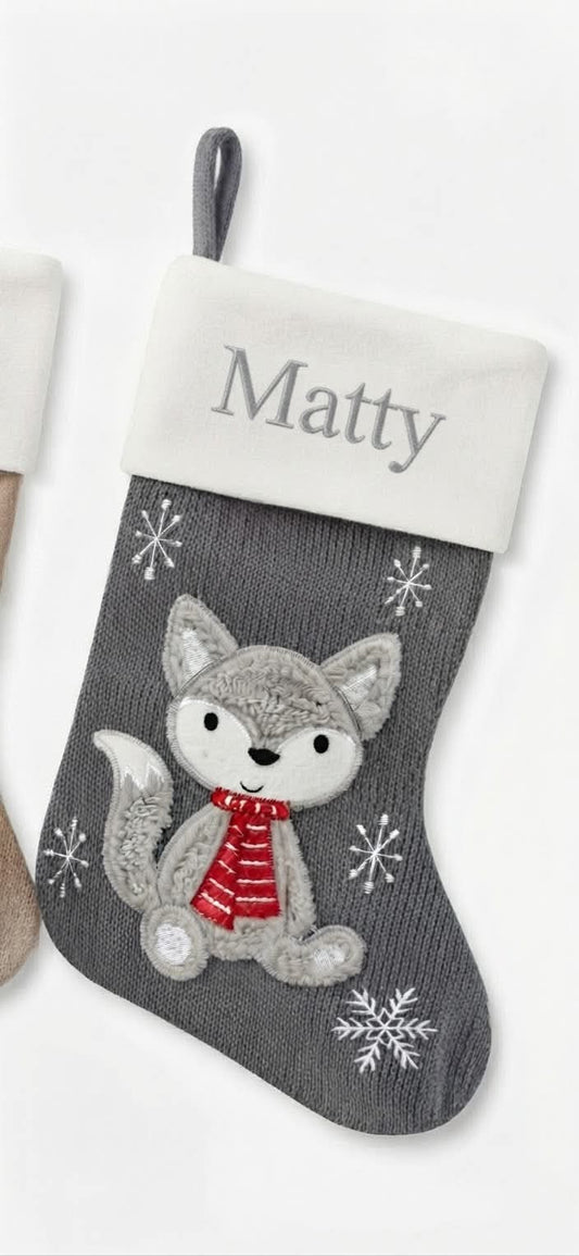 Personalised Grey Knitted Fox Stocking