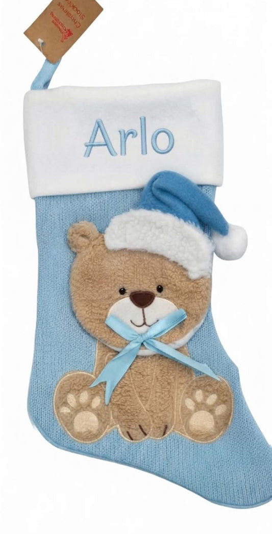 Personalised Blue Knitted Teddy Bear Stocking