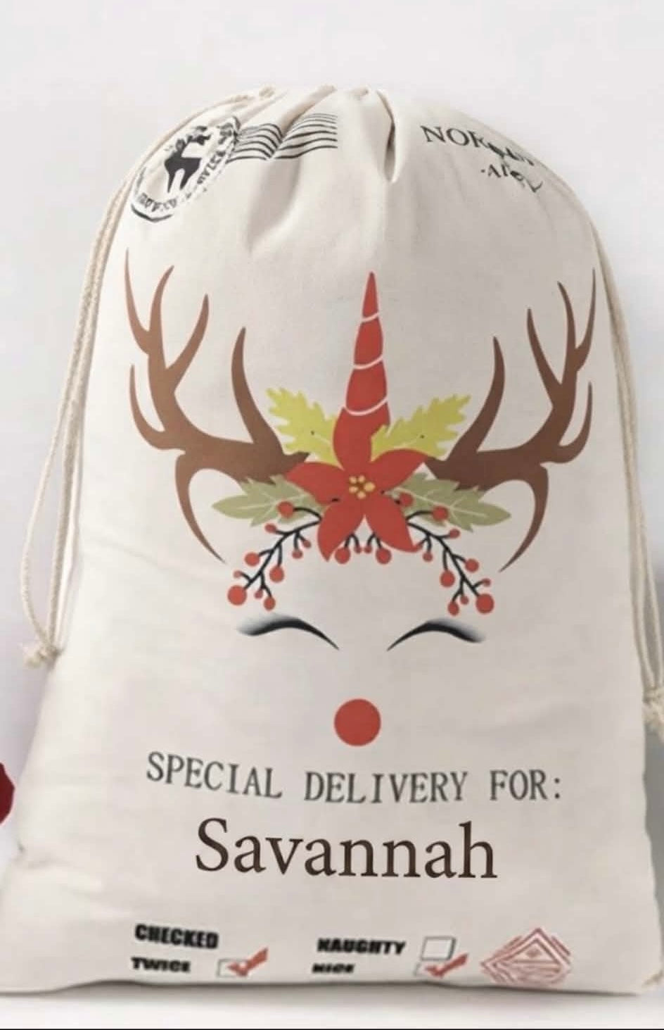 Personalised Large canvas Unicorn Rudolf sack