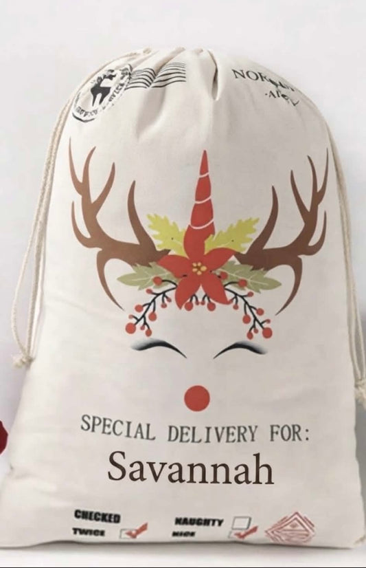 Personalised Large canvas Unicorn Rudolf sack